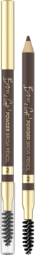 Dwie brązowe pudrowe kredki Eveline Brow&GO Medium Brown ze szczoteczką, jedna z nasadką, druga zaostrzona.