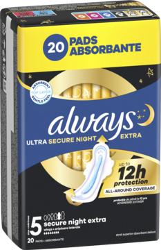 Podpaski Always Ultra Secure Night Extra, rozmiar 5, w czarno-niebieskim opakowaniu z żółtymi akcentami, widok z przodu.