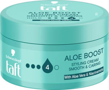 Turkusowy okrągły słoik Taft Aloe Boost Styling Cream, widok z góry, z utrwaleniem 4, aloesem i niacynamidem.