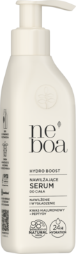 Biała butelka Neboa Hydro Boost nawilżającego serum do ciała z pompką, widok z przodu. Z kwasem hialuronowym i peptydami.