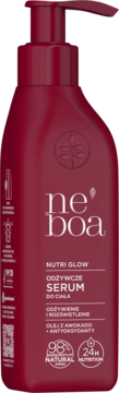 Ciemnoczerwone serum do ciała Neboa Nutri Glow z awokado i antyoksydantami, butelka z pompką, widok z przodu.