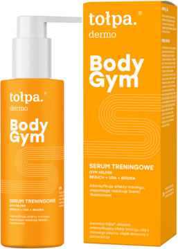 Tołpa Dermo Body Gym serum treningowe na brzuch, uda, w białej butelce z pompką, obok pomarańczowe opakowanie.
