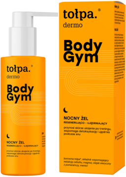 Tołpa Dermo Body Gym Nocny Żel regenerujący z borowiną, pomarańczowa butelka z pompką i pudełko, przód.