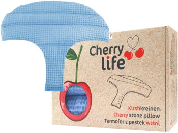 Niebieski termofor Cherry Life z pestkami wiśni w kształcie macicy, obok beżowego pudełka z grafiką.