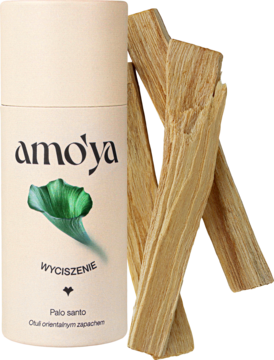 Amo'ya Palo Santo: beżowe opakowanie z zielonym liściem i drewniane, naturalne kadzidła o drzewnym zapachu.