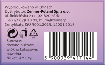 Tył fioletowego opakowania szczotki AM179 z danymi producenta, składem, certyfikatami i kodem kreskowym.