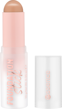 Matujący podkład w sztyfcie Essence Foundation Stick, średni beż z różowym podtonem, widok pionowy, z otwartą skuwką.