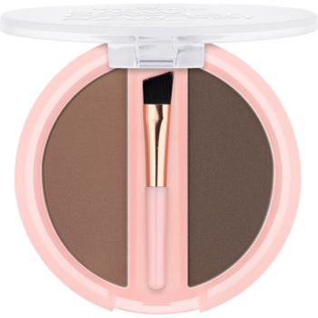 Otwarty, różowy kompakt z dwoma brązowymi cieniami do brwi Essence Brow Powder Duo Medium i pędzelkiem.