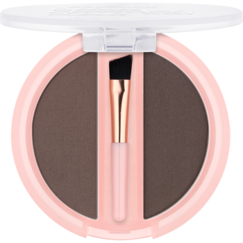 Essence Brow Powder Duo Dark: otwarte okrągłe opakowanie z dwoma brązowymi pudrami do brwi i pędzelkiem.