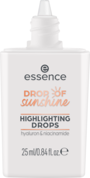 Biała butelka Essence Drop Of Sunshine Highlighting Drops z zakraplaczem, widok z przodu, z hyaluron & niacinamide.