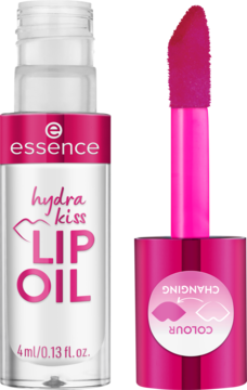 Essence Hydra Kiss Lip Oil 4ml, otwarta butelka z różową etykietą, obok różowy aplikator 'colour changing'.