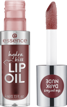Essence Hydra Kiss Lip Oil The Perfect Dark Nude, butelka i duży aplikator z brązowo-czerwonym olejkiem, na różowym tle.