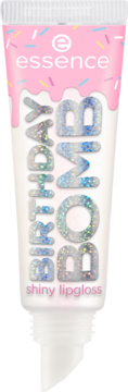Essence Birthday Bomb shiny lipgloss, biała tubka z różową polewą i brokatowym napisem, widok z przodu.