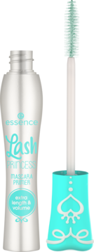 Essence Lash Princess Mascara Primer w srebrnej butelce, turkusowe napisy i wyjęta niebieska szczoteczka.