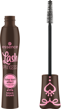 Brązowa maskara Essence Lash Princess False Lash Effect z otwartą szczoteczką, butelka z różowymi detalami i koroną.