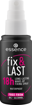 Essence Fix & Last 18h spray utrwalający makijaż, czarna butelka z białym atomizerem i różowymi akcentami.