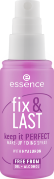 Różowy spray Essence Fix & Last do utrwalania makijażu, butelka z białą pompką, widok z przodu. Zawiera hialuron.
