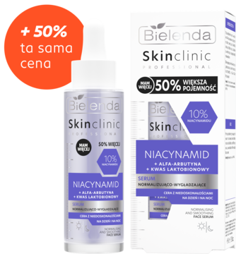 Bielenda Skinclinic Professional serum 10% Niacinamide, normalizująco-wygładzające, biała butelka, z promo +50%.