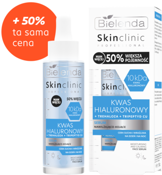 Bielenda Skinclinic Kwas Hialuronowy serum 10kDa, butelka i pudełko, +50% większa pojemność, widok z przodu.