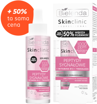 Bielenda Skinclinic Professional serum z peptydami sygnałowymi, witaminą B12, butelka i pudełko, +50% pojemności.