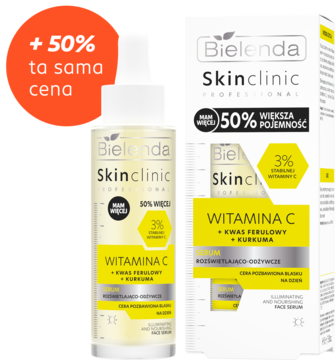 Bielenda Skinclinic Professional serum rozświetlające z witaminą C, ferulowym, kurkumą; butelka i pudełko, +50%.