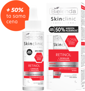 Liftingujące serum Bielenda Skinclinic Retinol 0.25% w białej butelce i opakowaniu z promocją +50%.