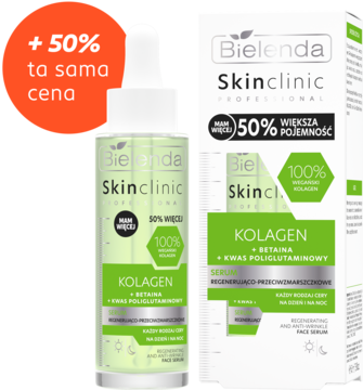 Bielenda Skinclinic Kolagen serum w biało-zielonej butelce i pudełku, promocja +50% pojemności.