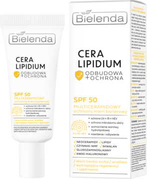 Bielenda Cera Lipidium SPF 50 Multiceramidowy ochronny krem barierowy, biała tubka i pudełko.