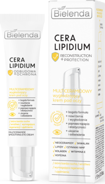 Bielenda Cera Lipidium Multiceramidowy krem pod oczy, Odbudowa+Ochrona, biała tubka i pudełko, przód.