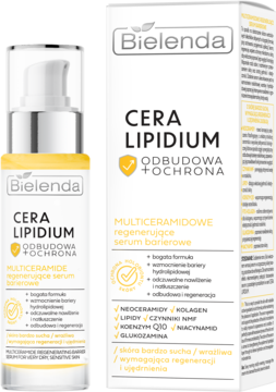 Bielenda Cera Lipidium Multiceramide regenerujące serum barierowe w butelce z pompką i żółtym kartoniku.