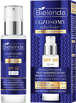 Bielenda EGZOSOMY młodości SPF 50 serum w niebiesko-złotym opakowaniu, widok z przodu. Rozświetlające do skóry dojrzałej.