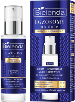 Bielenda Egzosomy Młodości serum-koncentrat na noc. Granatowa butelka z pompką i pudełko redukujące zmarszczki i przebarwienia.