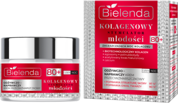 Bielenda Kolagenowy Stymulator Młodości 80+ odżywczy krem przeciwzmarszczkowy, słoik i pudełko, widok z przodu.