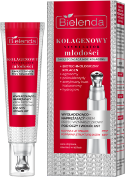 Krem Bielenda Kolagenowy Stymulator Młodości: wygładzająco-naprężający krem pod oczy i usta, tubka i pudełko.