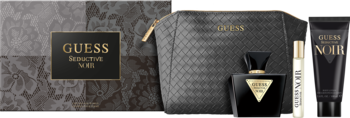 Zestaw Guess Seductive Noir dla kobiet: czarne perfumy, balsam do ciała, rollerball, kosmetyczka i pudełko.
