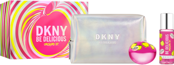 Zestaw DKNY Be Delicious Orchard St.: różowo-żółte pudełko z jabłkiem, perfumy, mgiełka i kosmetyczka.