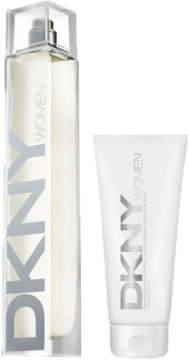 DKNY Women zestaw: woda perfumowana w podłużnej butelce i balsam do ciała w tubce, widok z przodu.