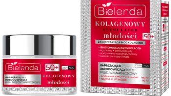 Bielenda Kolagenowy Stymulator Młodości 50+ krem, biały słoiczek i czerwono-srebrne opakowanie, widok z przodu.