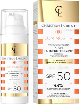 Christian Laurent Luminosité mikrosferyczny krem SPF 50 na przebarwienia, butelka i kartonik, widok z przodu.