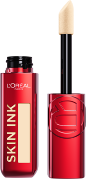Trwały, matujący podkład i korektor L'Oréal Infaillible Skin Ink w czerwonej butelce z aplikatorem.