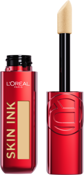 Czerwony matujący podkład L'Oréal Paris Skin Ink, otwarty z beżowym aplikatorem, widok z przodu.