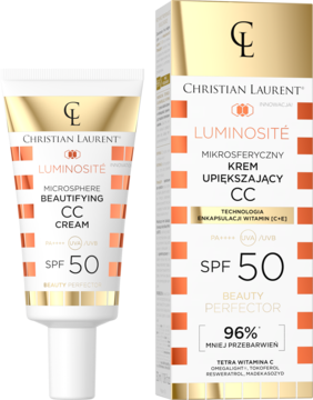 Christian Laurent Luminosité CC Cream SPF 50, biało-złota tubka i pudełko, 96% redukcji przebarwień.