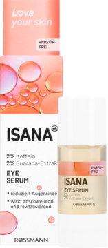 Isana Eye Serum z 2% kofeiną i guaraną, bezzapachowe. Białe opakowanie i butelka, widok z przodu.