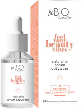 Serum beBIO Feel Your Beauty Vibes z ceramidami, olejem bawełnianym i ryżowym w białej butelce z zakraplaczem i pudełku, stojące obok siebie.