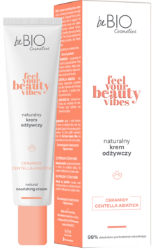 Naturalny krem odżywczy beBIO Feel Your Beauty Vibes do twarzy z ceramidami i cica, w białej tubce i pudełku.