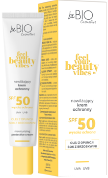beBIO krem nawilżający SPF 50, biała tuba z żółtymi napisami, z opuncją i brzoskwinią, widok z przodu obok pudełka.