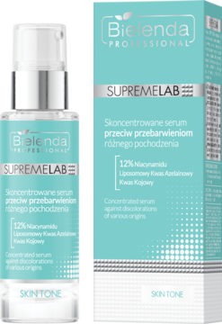 Miętowe serum Bielenda SUPREMELAB Skin Tone na przebarwienia z niacynamidem w butelce z pompką i pudełku.