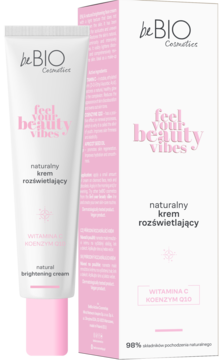 beBIO Feel Your Beauty Vibes naturalny krem rozświetlający z witaminą C i Q10 w białej tubce i pudełku, widok z przodu.