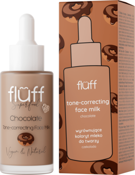 Mleczko do twarzy Fluff Chocolate, wyrównujące koloryt, w brązowej butelce z pipetą i kartoniku.