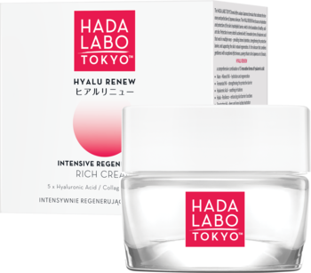 Krem Hada Labo Tokyo Hyalu Renew Intensive Rich z 5x kwasem hialuronowym, słoiczek z kremem i białe pudełko.